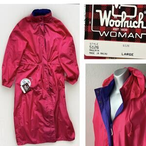 Woolrich Woman Long Rain Jacket Windbreaker Nylon Snap Hood Large Pink Vtg